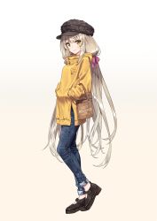 Rule 34 | &gt;:), 1girl, absurdres, baffu, black footwear, black hat, blue pants, blush, bow, brown background, brown eyes, brown hair, brown jacket, cabbie hat, closed mouth, denim, full body, gradient background, hair bow, hands in pocket, hat, highres, jacket, jeans, long hair, long sleeves, nia (blade) (xenoblade), nia (xenoblade), nintendo, pants, pink bow, shoes, smile, solo, spoilers, standing, standing on one leg, v-shaped eyebrows, very long hair, white background, xenoblade chronicles (series), xenoblade chronicles 2