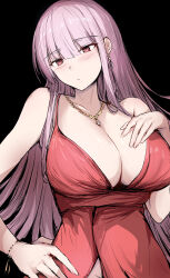 Rule 34 | 1girl, absurdres, blunt bangs, blush, bracelet, breasts, cleavage, dress, earrings, hair between eyes, hand on own chest, hand on own hip, highres, hololive, hololive english, jewelry, large breasts, long hair, mori calliope, necklace, pink hair, red eyes, sak1 01, sidelocks, sleeveless, sleeveless dress, solo, very long hair, virtual youtuber