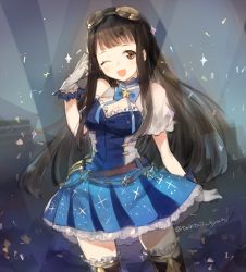 Rule 34 | 10s, 1girl, ;d, black hair, black thighhighs, blush, breasts, brown eyes, cleavage, gloves, goggles, goggles on head, granblue fantasy, jessica (granblue fantasy), long hair, looking at viewer, one eye closed, open mouth, signature, smile, solo, thighhighs, twintail kyun (lian), twitter username, white gloves