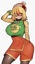 Rule 34 | 1girl, absurdres, arms (game), beanie, blonde hair, blunt bangs, breasts, chinese clothes, domino mask, food, green eyes, hat, highres, knit hat, leggings, leggings under shorts, looking at viewer, mano (manobece), mask, min min (arms), noodles, pantyhose, short hair, shorts, simple background, smile, solo