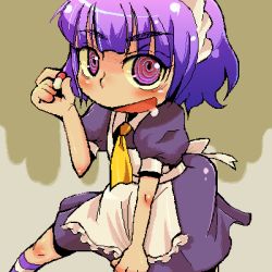 Rule 34 | 1girl, apron, crazy eyes, drugged, drugs, futaba channel, lowres, nijiura maids, open mouth, pill, purple eyes, purple hair, saliva, short hair, smile, solo, soxy, striped clothes, striped thighhighs, thighhighs, yakui
