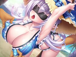 Rule 34 | 1girl, 2boys, alternate costume, asahi, ass, beach, blindfold, breasts, breasts squeezed together, cloud, cloudy sky, curvy, day, game cg, grabbing, grabbing another&#039;s breast, grey hair, hat, hetero, highleg, highleg swimsuit, huge ass, huge breasts, lilith-soft, long hair, miriam (taimanin asagi), moaning, multiple boys, ocean, official alternate costume, one-piece swimsuit, open mouth, pointy ears, pussy juice, saliva, shiny skin, sky, smile, straw hat, sweat, swimsuit, sword, taimanin (series), taimanin rpgx, tongue, tongue out, very long hair, water, weapon, wide hips, wooden sword