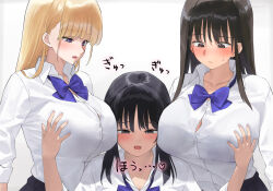 Rule 34 | 3girls, black hair, black skirt, blonde hair, blue bow, blue bowtie, blue eyes, blush, bow, bowtie, breasts, closed mouth, collarbone, collared shirt, commentary request, kaisen chuui, large breasts, long hair, long sleeves, looking at another, multiple girls, open mouth, original, school uniform, shirt, shirt tucked in, simple background, skirt, upper body, white background, white shirt