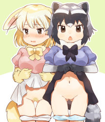 Rule 34 | 2girls, animal ears, black hair, blonde hair, blonde pubic hair, blush, bow, bowtie, brown eyes, brown hair, clothes lift, common raccoon (kemono friends), cowboy shot, ears down, elbow gloves, embarrassed, extra ears, female pubic hair, fennec (kemono friends), flashing, fox ears, fox girl, fox tail, fur collar, furrowed brow, gloves, gluteal fold, grey hair, groin, highres, kemono friends, looking at viewer, looking away, medium hair, multicolored hair, multiple girls, navel, no pussy, nose blush, open mouth, panties, panty pull, pink sweater, pubic hair, puffy short sleeves, puffy sleeves, purple sweater, raccoon ears, raccoon girl, raccoon tail, short-sleeved sweater, short sleeves, skirt, skirt lift, stomach, suicchonsuisui, sweater, tail, thigh gap, two-tone hair, underwear, v-shaped eyebrows, white hair