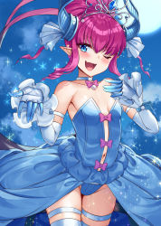 Rule 34 | 1girl, ;d, arm strap, bare shoulders, blue eyes, blue gloves, blue leotard, blue skirt, blue thighhighs, blush, bow, bowtie, breasts, center opening, collarbone, cowboy shot, earrings, elbow gloves, elizabeth bathory (cinderella rider) (fate), elizabeth bathory (fate), fang, fate/grand order, fate (series), full moon, gloves, heart, heart earrings, highres, horns, jewelry, leotard, long hair, looking at viewer, moon, navel, night, night sky, official alternate costume, one eye closed, open mouth, pink bow, pink bowtie, pink hair, pointy ears, ponytail, showgirl skirt, sidelocks, skin fang, skindentation, skirt, sky, small breasts, smile, solo, sparkle, strapless, strapless leotard, tenneko yuuri, thigh strap, thighhighs, tiara