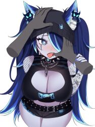 1girl absurdres animal_ear_fluff animal_ears belt black_belt black_hat black_shirt black_shorts blue_eyes blue_hair blue_nails breasts cleavage_cutout clothing_cutout crop_top hair_over_one_eye hat headpat heart heart-shaped_pupils highres indie_virtual_youtuber large_breasts long_hair looking_at_viewer multicolored_hair nail_polish open_mouth second-party_source shirt short_shorts shorts sky_above_me sleeveless sleeveless_shirt spite_(vtuber) spite_(vtuber)_(3rd_costume) streaked_hair symbol-shaped_pupils tongue tongue_out virtual_youtuber white_background wolf_ears wolf_girl