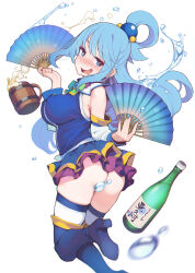 Rule 34 | 1girl, alcohol, aqua (konosuba), ass, ataruman, bare shoulders, beer, beer bottle, blue eyes, blue footwear, blue hair, blush, boots, bow, bowtie, breasts, convenient censoring, cup, detached sleeves, from behind, green bow, green bowtie, hair between eyes, hair rings, highres, kono subarashii sekai ni shukufuku wo!, large breasts, long hair, looking at viewer, open mouth, simple background, skirt, smile, solo, thigh boots, thighhighs, very long hair, water censor, water drop, white background, white thighhighs, wooden cup