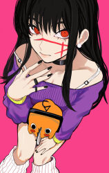 Rule 34 | 1girl, absurdres, black choker, black hair, black nails, blush, bra strap, chainsaw, chainsaw man, choker, cross scar, earrings, facial scar, foreshortening, highres, jewelry, leg warmers, long hair, looking at viewer, multiple rings, off-shoulder sweater, off shoulder, pearl earrings, pink background, pochita (chainsaw man), purple sweater, red eyes, ring, ringed eyes, sailen0, scar, scar on cheek, scar on face, simple background, sitting, sitting on lap, sitting on person, smile, sweater, yoru (chainsaw man)