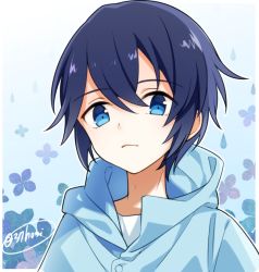 Rule 34 | 1boy, blue eyes, blue hair, blue raincoat, commentary, expressionless, flower, leaf, looking at viewer, male focus, minahoshi taichi, solo, twitter username, upper body, vocaloid, vsinger, water drop, zhiyu moke