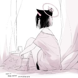 Rule 34 | 1girl, animal ears, bare shoulders, blue archive, bob cut, cat ears, cup, curtains, dated, extra ears, from behind, hugging own legs, kazusa (blue archive), knees up, mug, off-shoulder shirt, off shoulder, on bed, pillow, pink hair, pink theme, saki hajime, shirt, short hair, sitting, socks, solo, striped clothes, striped socks, twitter username, windowsill