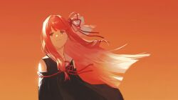Rule 34 | 1girl, arms at sides, black dress, blunt bangs, blunt ends, collared dress, commentary, detached sleeves, dress, facing viewer, flower knot, grin, hair ribbon, highres, kakine, kotonoha akane, long hair, looking to the side, orange sky, red eyes, red hair, red ribbon, ribbon, sidelighting, sidelocks, sky, sleeveless, sleeveless dress, smile, solo, upper body, voiceroid