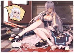 Rule 34 | 2girls, aged down, apron, azur lane, bare shoulders, belfast (azur lane), black footwear, blue eyes, braid, breasts, broken plate, buttons, chain, checkered floor, cherry, cleavage, closed mouth, collar, collarbone, commentary request, cup, door, dress, edinburgh (azur lane), emphasis lines, failure, flying sweatdrops, food, unworn footwear, french braid, frilled apron, frills, fruit, gauntlets, glasses, gloves, hand up, indoors, knee up, large breasts, long hair, looking at viewer, maid, maid apron, maid headdress, mary janes, multiple girls, on floor, one eye closed, open mouth, pancake, pantyhose, plate, round eyewear, shoes, unworn shoes, sitting, spill, strawberry, teacup, teapot, tears, thighhighs, tile floor, tiles, torn clothes, torn legwear, underbust, very long hair, white dress, white gloves, white hair, white legwear, you ni ge shaobing
