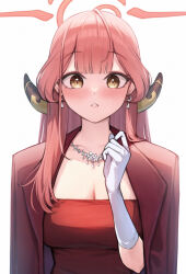Rule 34 | 1girl, :o, absurdres, aru (blue archive), aru (dress) (blue archive), blue archive, blush, breasts, cleavage, coat, coat on shoulders, demon horns, dress, earrings, gloves, halo, highres, horns, jewelry, large breasts, looking at viewer, necklace, official alternate costume, pink hair, qoray7, red coat, red dress, simple background, solo, upper body, white background, white gloves