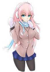Rule 34 | 1girl, ahoge, black pantyhose, blue eyes, blush, breasts, coat, earmuffs, geckolion, gloves, large breasts, light purple hair, long hair, long sleeves, looking at viewer, megurine luka, pantyhose, pink hair, pleated skirt, scarf, simple background, skirt, smile, solo, standing, vocaloid, white background, winter clothes