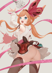 Rule 34 | 1girl, absurdres, anouetto, arm up, ass, bad id, bad pixiv id, black thighhighs, blush, bowl, breasts, brown hair, brown hairband, clarisse (granblue fantasy), clarisse (valentine) (granblue fantasy), detached sleeves, flask, granblue fantasy, grey background, hair ribbon, hairband, highres, long hair, looking at viewer, looking back, medium breasts, mixing bowl, no panties, open mouth, pink ribbon, plaid, plaid skirt, ponytail, red ribbon, ribbon, shirt, skirt, solo, standing, teeth, thighhighs, upper teeth only, upskirt, valentine, whisk, white shirt
