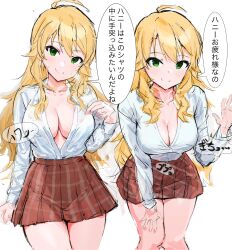 Rule 34 | 1girl, ahoge, blonde hair, breasts, cleavage, closed mouth, collarbone, collared shirt, cowboy shot, green eyes, highres, hoshii miki, idolmaster, idolmaster (classic), large breasts, large pectorals, leaning forward, long hair, looking at viewer, multiple views, open clothes, open shirt, partially unbuttoned, pectorals, pleated skirt, plunging neckline, school uniform, shirt, shirt tucked in, simple background, sketch, skirt, smile, speech bubble, thigh gap, translation request, waving, white shirt, zenoo