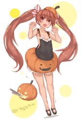 Rule 34 | 10s, 1girl, armpits, bare arms, bare legs, bare shoulders, black footwear, black ribbon, blush, bow, brown eyes, brown hair, dark-skinned female, dark skin, eyebrows, flat chest, full body, goekawa, hair bow, halloween, halloween costume, jack-o&#039;-lantern, kantai collection, libeccio (kancolle), long hair, looking at viewer, mary janes, multicolored background, open mouth, paw pose, pumpkin hat, pumpkin pants, ribbon, shoes, sidelocks, sleeveless, solo, standing, twintails, twitter username, two-tone background, very long hair