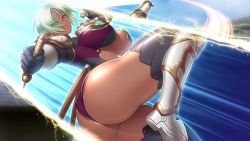 Rule 34 | 1girl, armor, ass, bikini armor, breasts, cleavage, dark skin, dark-skinned female, elf, female focus, fighting stance, game cg, green hair, groin, hair over one eye, holding, holding knife, huracan, knife, kyonyuu onna senshi dogeza saimin, large breasts, leg up, legs, looking at viewer, magic, open mouth, original, parted lips, pointy ears, sash, short hair, shoulder pads, smile, solo, standing, thighhighs, thighs, viola auris, yellow eyes
