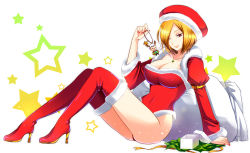 Rule 34 | 1girl, antlers, arm support, armlet, bad id, bad pixiv id, beret, blonde hair, blurry, bokeh, boots, box, breasts, charm (object), christmas, cleavage, closed mouth, collarbone, covered navel, depth of field, eleanor (saga), fingernails, from side, full body, fur-trimmed headwear, fur-trimmed legwear, fur-trimmed leotard, fur collar, fur trim, gem, gift, gift box, gift wrapping, green gemstone, hair over one eye, hand up, hat, high heel boots, high heels, highres, hip focus, holding, horns, jewelry, juliet sleeves, knees up, koyama sao, large breasts, legs together, leotard, light smile, lips, long fingernails, long sleeves, looking at viewer, nail polish, necklace, one eye closed, open box, parted bangs, pendant, puffy sleeves, red eyes, red footwear, red hat, red leotard, red nails, red nose, red thighhighs, reindeer antlers, ribbon, sack, saga, saga frontier 2, santa costume, sargon (saga), short hair, sitting, smile, solo, star (symbol), star print, starry background, thighhighs, untied, white background, yellow ribbon