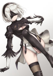 Rule 34 | 1girl, android, black dress, black gloves, black hair, black thighhighs, blindfold, boots, breasts, brown thighhighs, cleavage, cleavage cutout, closed mouth, clothing cutout, covered eyes, cowboy shot, dress, gauntlets, gloves, hair over one eye, hairband, heijialan, juliet sleeves, leg up, leotard, leotard under clothes, long sleeves, medium breasts, mole, mole under mouth, nier (series), nier:automata, puffy sleeves, short dress, short hair, side slit, silver hair, solo, standing, standing on one leg, thigh boots, thighhighs, vambraces, white leotard, 2b (nier:automata)