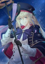Rule 34 | 1girl, artoria caster (fate), artoria caster (second ascension) (fate), artoria pendragon (fate), beret, black bow, black gloves, blonde hair, blue cloak, blue headwear, bow, buttons, cloak, closed mouth, fate/grand order, fate (series), gem, gloves, gold trim, green eyes, green gemstone, hair bow, hat, highres, holding, long hair, long sleeves, nashoki, night, night sky, ornament, petals, pink ribbon, purple bow, ribbon, shirt, skirt, sky, smile, teeth, twintails, white shirt