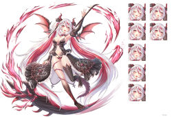Rule 34 | 1girl, black dress, breasts, cleavage, dragon girl, dragon tail, dress, expressions, gluteal fold, highres, holding, holding scythe, horns, large breasts, long hair, looking at viewer, mixed-language commentary, multicolored hair, open mouth, pafekui, red eyes, red hair, revealing clothes, scythe, sexy mystic survivors, sharp toenails, simple background, solo, streaked hair, tail, toenails, twintails, two-tone hair, very long hair, white background, white hair, wings