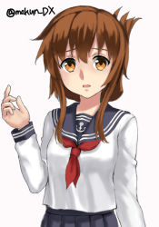 Rule 34 | 1girl, anchor symbol, black sailor collar, black skirt, brown eyes, brown hair, folded ponytail, highres, inazuma (kancolle), kantai collection, long hair, long sleeves, looking at viewer, maakun (makun dx), neckerchief, one-hour drawing challenge, pleated skirt, red neckerchief, sailor collar, school uniform, serafuku, simple background, skirt, solo, twitter username, upper body, white background