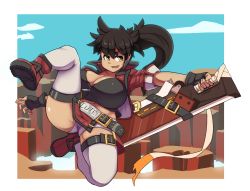Rule 34 | 1girl, attack, belt, belt buckle, black gloves, black hair, breasts, buckle, cleavage, dustloop, fingerless gloves, genderswap, genderswap (mtf), gloves, guilty gear, guilty gear xrd, headband, holding, holding sword, holding weapon, jacket, jumping, junkyard dog mk iii, large breasts, long hair, loose belt, meme, open mouth, pelvic curtain, popped collar, red jacket, reverse grip, sakanadaze, short shorts, shorts, sleeves pushed up, smile, sol badgal, sol badguy, solo, sword, tan, thigh strap, thighhighs, weapon, white thighhighs