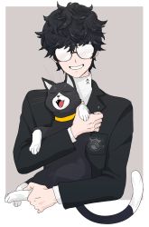 Rule 34 | 10s, 1boy, amamiya ren, black hair, carrying, cat, curly hair, glasses, highres, long hair, looking at viewer, male focus, morgana (persona 5), opaque glasses, persona, persona 5, short hair, simple background, smile, sowakoo, uniform