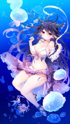 Rule 34 | 10s, 1girl, bikini, breasts, cleavage, danua, draph, granblue fantasy, highres, holding breath, horns, jellyfish, large breasts, long hair, mizuno sao, pointy ears, red eyes, solo, swimsuit, underwater