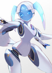 Rule 34 | 1girl, absurdres, blue eyes, blush, closed mouth, commentary, echo (overwatch), facial mark, forehead mark, gradient background, grey background, head tilt, highres, humanoid robot, kobi (piliheros2000), long hair, looking at viewer, overwatch, overwatch 1, robot, short eyebrows, solo, thick eyebrows, twintails, white background