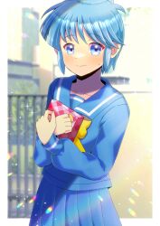 Rule 34 | 1girl, blue eyes, blue hair, blue sailor collar, blue shirt, blue skirt, blurry, blurry background, blush, bow, box, closed mouth, commentary request, commission, depth of field, gate, gift, gift box, hands up, kou hiyoyo, long sleeves, nijino saki, own hands together, pleated skirt, puffy long sleeves, puffy sleeves, sailor collar, shirt, short hair, skeb commission, skirt, solo, swimsuit, tokimeki memorial, tokimeki memorial 1, yellow bow
