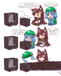 Rule 34 | 2girls, animal ear fluff, animal ears, backpack, bag, blue eyes, blue hair, brooch, brown hair, closed eyes, computer, detached hair, dress, english text, hair bobbles, hair ornament, hat, highres, imaizumi kagerou, jewelry, kawashiro nitori, key, long hair, long sleeves, looking at another, multiple girls, power item (touhou), red eyes, simple background, sitting, speech bubble, sweatdrop, tail, touhou, twintails, two side up, white background, wide sleeves, wolf ears, wolf tail, wool (miwol)