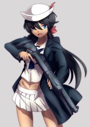 Rule 34 | 1girl, 9s0ykoyama117, absurdres, benelli m4 super 90, black coat, black hair, black neckerchief, blouse, blue eyes, bow, coat, combat shotgun, commentary, cowboy shot, dark-skinned female, dark skin, dixie cup hat, eyes visible through hair, girls und panzer, grey background, gun, hair bow, hair over one eye, hat, hat feather, highres, holding, holding gun, holding weapon, long coat, long hair, long sleeves, looking at viewer, midriff, military hat, miniskirt, navel, neckerchief, ogin (girls und panzer), ooarai naval school uniform, open clothes, open coat, open mouth, pleated skirt, ponytail, pump-action shotgun, pump action, red bow, sailor, sailor collar, school uniform, semi-automatic firearm, semi-automatic shotgun, shirt, shotgun, simple background, skirt, smile, solo, standing, trigger discipline, weapon, white hat, white sailor collar, white shirt, white skirt