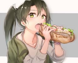 Rule 34 | 1girl, blush, casual, coat, collarbone, commentary request, eating, food, green coat, green eyes, green hair, hair ribbon, highres, holding, holding food, jacket, jacket on shoulders, kabayaki namazu, kantai collection, long hair, open mouth, ribbon, sandwich, sweatdrop, sweater, twintails, watch, zuikaku (kancolle)