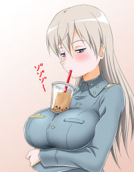 Rule 34 | 1girl, blush, breasts, bubble tea, bubble tea challenge, drink, drinking straw, eila ilmatar juutilainen, gradient background, hiro yoshinaka, large breasts, long hair, looking down, military, military uniform, pink background, purple eyes, simple background, solo, strike witches, uniform, white hair, world witches series