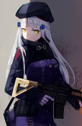 Rule 34 | assault rifle, beret, facial mark, girls&#039; frontline, gloves, green eyes, gun, h&amp;k hk416, hat, heckler &amp; koch, hk416 (girls&#039; frontline), looking at viewer, looking to the side, rifle, solo, teardrop, tokoroden, weapon, white hair