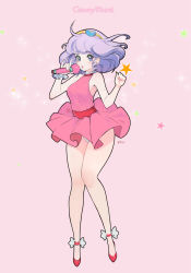 Rule 34 | 1girl, :o, bare arms, bare legs, bare shoulders, blue eyes, bobobong, breasts, character name, commentary, creamy mami, curled fingers, english commentary, english text, eyelashes, eyeshadow, frilled skirt, frills, full body, hair ornament, hands up, highres, holding, holding microphone, looking at viewer, magical girl, mahou no tenshi creamy mami, makeup, medium hair, microphone, morisawa yuu, open mouth, panties, pantyshot, pink background, pink lips, pink skirt, purple hair, red footwear, signature, skirt, solo, standing, star (symbol), tiara, underwear, white panties, wireless