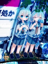 Rule 34 | 2girls, blue eyes, blue hair, blue headwear, blue sailor collar, blue skirt, blurry, blurry foreground, bottle, bow, bus stop, closed eyes, closed mouth, dappled sunlight, dot mouth, drink, drinking, eel hat, grate, hair bow, hatsune miku, highres, hikimayu, holding, holding bottle, holding drink, long hair, looking at viewer, multiple girls, otomachi una, pleated skirt, sailor collar, school uniform, sewer grate, shirt, short sleeves, side-by-side, skirt, sparkle, standing, sunlight, syare 0603, twintails, unworn headwear, very long hair, vocaloid, white shirt