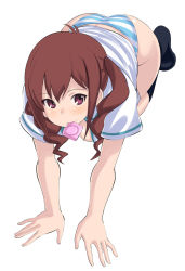 Rule 34 | 10s, 1girl, all fours, blush, bottomless, breasts, brown hair, condom, condom in mouth, drill hair, hanging breasts, kuromukuro, long hair, mouth hold, norakuro nero, ogino mika, open clothes, open shirt, panties, purple eyes, shirt, simple background, solo, striped clothes, striped panties, twin drills, underwear, white background