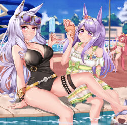 Rule 34 | 3girls, :t, agnes digital (umamusume), barefoot, belt, bikini, bikini skirt, black one-piece swimsuit, blood, blue sky, blunt bangs, blurry, blurry background, bracelet, breasts, cleavage, closed eyes, day, depth of field, ear piercing, eating, excessive nosebleed, eyewear on head, food, gold ship (run revolt launcher) (umamusume), gold ship (umamusume), grey hair, grin, highres, holding, holding food, horse girl, ice cream cone, jewelry, large breasts, long hair, looking at another, looking at viewer, mejiro mcqueen (ripple fairlady) (umamusume), mejiro mcqueen (umamusume), multiple girls, navel, necklace, nosebleed, off-shoulder shirt, off shoulder, official alternate costume, one-piece swimsuit, open mouth, outdoors, piercing, pink hair, pool, popsicle, purple eyes, purple hair, shirt, sitting, sky, smile, soaking feet, standing, sunglasses, swimsuit, tabunshake, thigh strap, umamusume, white shirt, yellow-framed eyewear, yellow belt, yellow bikini