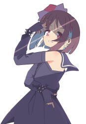 Rule 34 | 1girl, absurdres, bare shoulders, black dress, black gloves, blunt bangs, blunt ends, brown eyes, brown hair, chuunibyou, colored inner hair, commentary, detached sleeves, dress, earrings, fingerless gloves, from side, gloves, hair ornament, highres, hozuki momiji, jewelry, long sleeves, looking at viewer, looking to the side, multicolored hair, onii-chan wa oshimai!, parted lips, short hair, simple background, smile, solo, spikes, two-tone hair, white background, yama h15