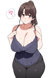 Rule 34 | 1girl, ?, black pants, blue shirt, breasts, brown eyes, brown hair, cleavage, collarbone, curvy, highres, jewelry, large breasts, looking at viewer, nicchi sangyo, original, pants, ring, shirt, sleeveless, solo, thick thighs, thighs, white background, wide hips