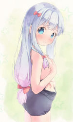 Rule 34 | 10s, 1girl, 3:, ass, blue eyes, blush, bow, closed mouth, clothes pull, covering privates, covering chest, cowboy shot, eromanga sensei, flat chest, from side, gradient hair, hair bow, izumi sagiri, long hair, looking at viewer, looking back, multicolored hair, one-piece swimsuit, one-piece swimsuit pull, pink bow, pink hair, pu-en, school swimsuit, silver hair, solo, swimsuit, tareme, topless