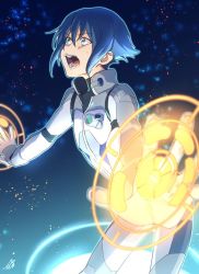 Rule 34 | 10s, 1boy, bad id, bad twitter id, blue eyes, blue hair, kanoya rui, male focus, mecha, open mouth, outstretched arms, pilot suit, re:creators, robot, short hair, sweatdrop