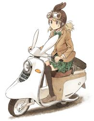 Rule 34 | 1girl, animal ears, black thighhighs, blazer, blonde hair, bow, bowtie, brown eyes, brown footwear, brown jacket, closed mouth, commentary request, from side, full body, goggles, goggles on head, goggles on headwear, green bow, green skirt, jacket, loafers, long hair, long sleeves, looking away, motor vehicle, nagatsuki misoka, original, plaid, plaid bow, plaid skirt, pleated skirt, rabbit ears, riding, school uniform, scooter, shoes, simple background, sitting, skirt, smile, solo, spare tire, thighhighs, vespa, white background, zettai ryouiki
