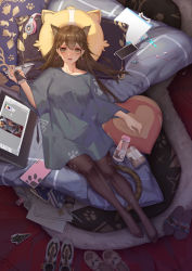 Rule 34 | 1girl, absurdres, animal ears, black thighhighs, blue shirt, book, bottle, breasts, brown hair, cat ears, cat girl, cellphone, chinese commentary, commentary request, drawing tablet, earphones, earrings, eraser, headphones, heart, heart-shaped pillow, highres, holding, holding clothes, holding panties, holding underwear, indoors, jewelry, long hair, lying, medium breasts, on back, open mouth, original, panties, unworn panties, paper, paw print, pen, phone, pillow, shirt, shoes, unworn shoes, short sleeves, slippers, slit pupils, smartphone, solo, stylus, tablet pc, tail, teeth, thighhighs, type-moon fans, underwear, yellow eyes