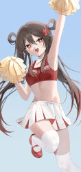 Rule 34 | 1girl, :d, absurdres, alternate costume, arm up, armpits, bare arms, bare shoulders, breasts, brown hair, cheerleader, crop top, educk, flower, genshin impact, hair flower, hair ornament, hair rings, hand up, highres, holding, holding pom poms, hu tao (genshin impact), leg up, long hair, looking at viewer, mary janes, midriff, miniskirt, navel, open mouth, pleated skirt, pom pom (cheerleading), pom poms, red eyes, red footwear, red shirt, shirt, shoes, skirt, sleeveless, sleeveless shirt, small breasts, smile, solo, star-shaped pupils, star (symbol), stomach, symbol-shaped pupils, thighhighs, thighs, twintails, white skirt, white thighhighs, zettai ryouiki
