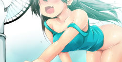 Rule 34 | 1girl, all fours, bare shoulders, bent over, black hair, bottomless, electric fan, fang, fanning face, ganaha hibiki, hand fan, idolmaster, idolmaster (classic), long hair, open mouth, sen (astronomy), smile, solo, strap slip, sweat, tank top