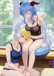 Rule 34 | 2girls, ahoge, alternate costume, barefoot, black panties, blue hair, breasts, camisole, cleavage, closed eyes, closed mouth, commentary request, covered erect nipples, freze, ganyu (genshin impact), genshin impact, goat horns, hair between eyes, highres, horns, large breasts, legs, long hair, lumine (genshin impact), medium breasts, midriff, multiple girls, navel, panties, short hair, sleeveless, smile, tank top, thighs, toes, underwear, window, yellow eyes